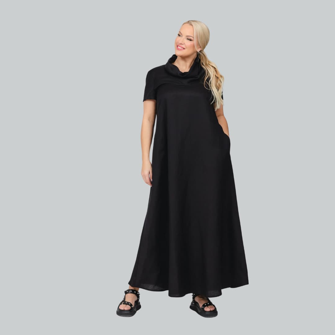 JustMust rullkaelusega pikk linane kleit Umi - Must