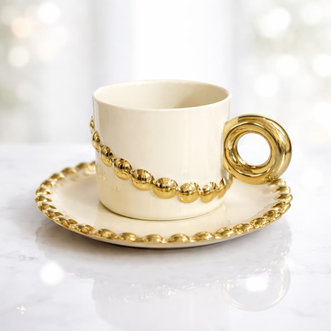 Keraamiline tass ja tassialus - Valge-kuldne