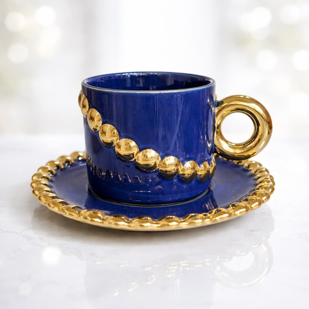 Keraamiline tass ja tassialus - Sinine-kuldne