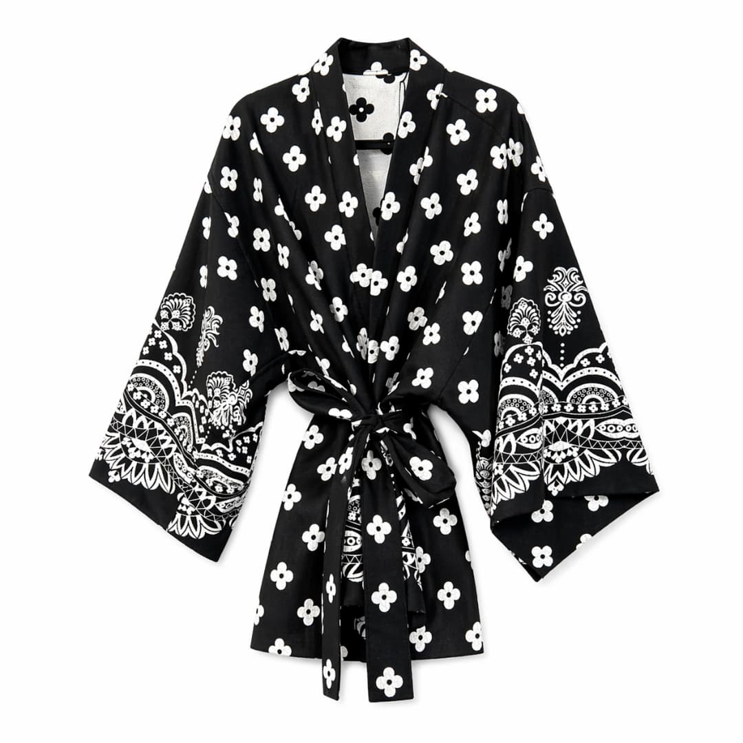 Moniik lühem kimono - Must-valge lilledega