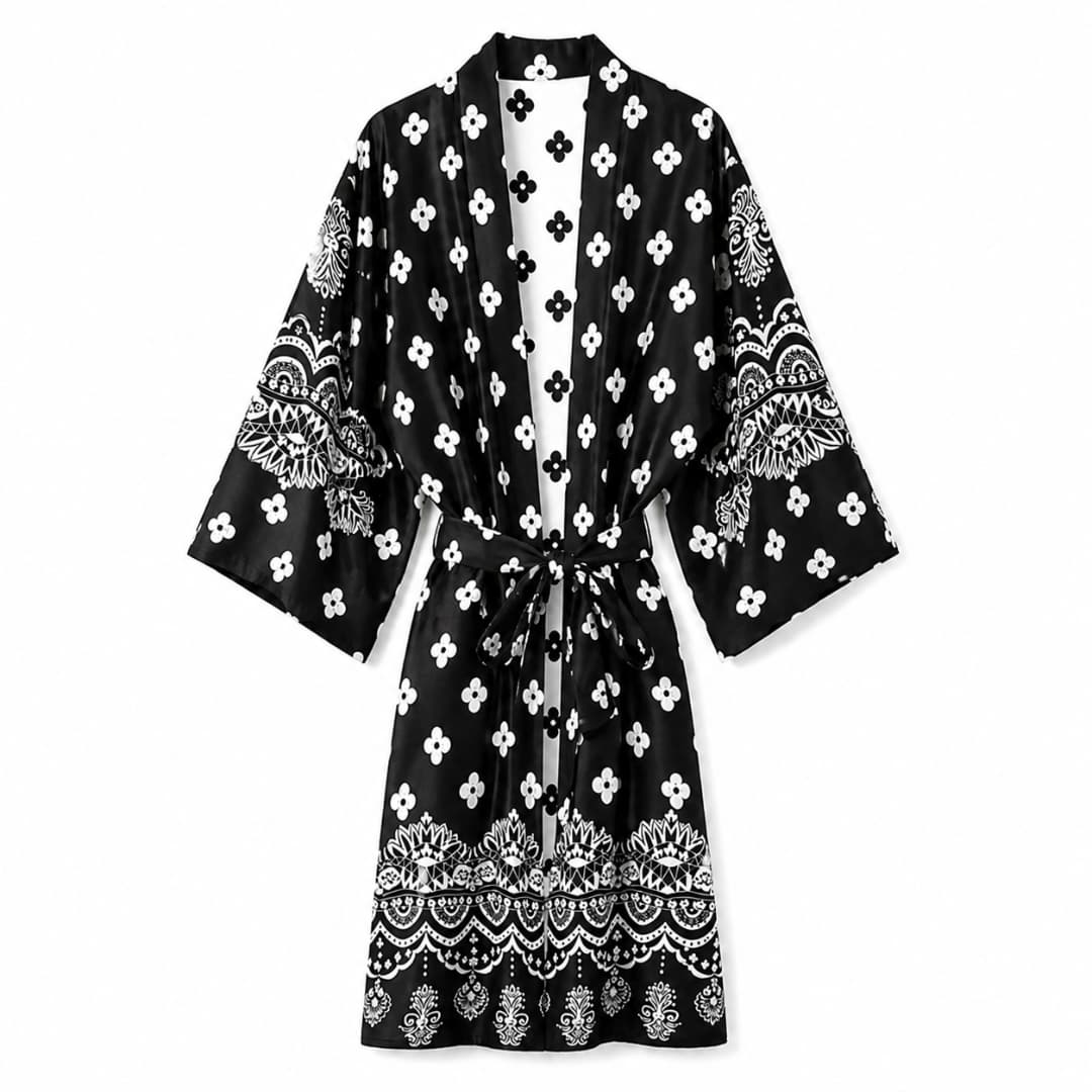 Moniik pikk kimono - Must-valge lilledega